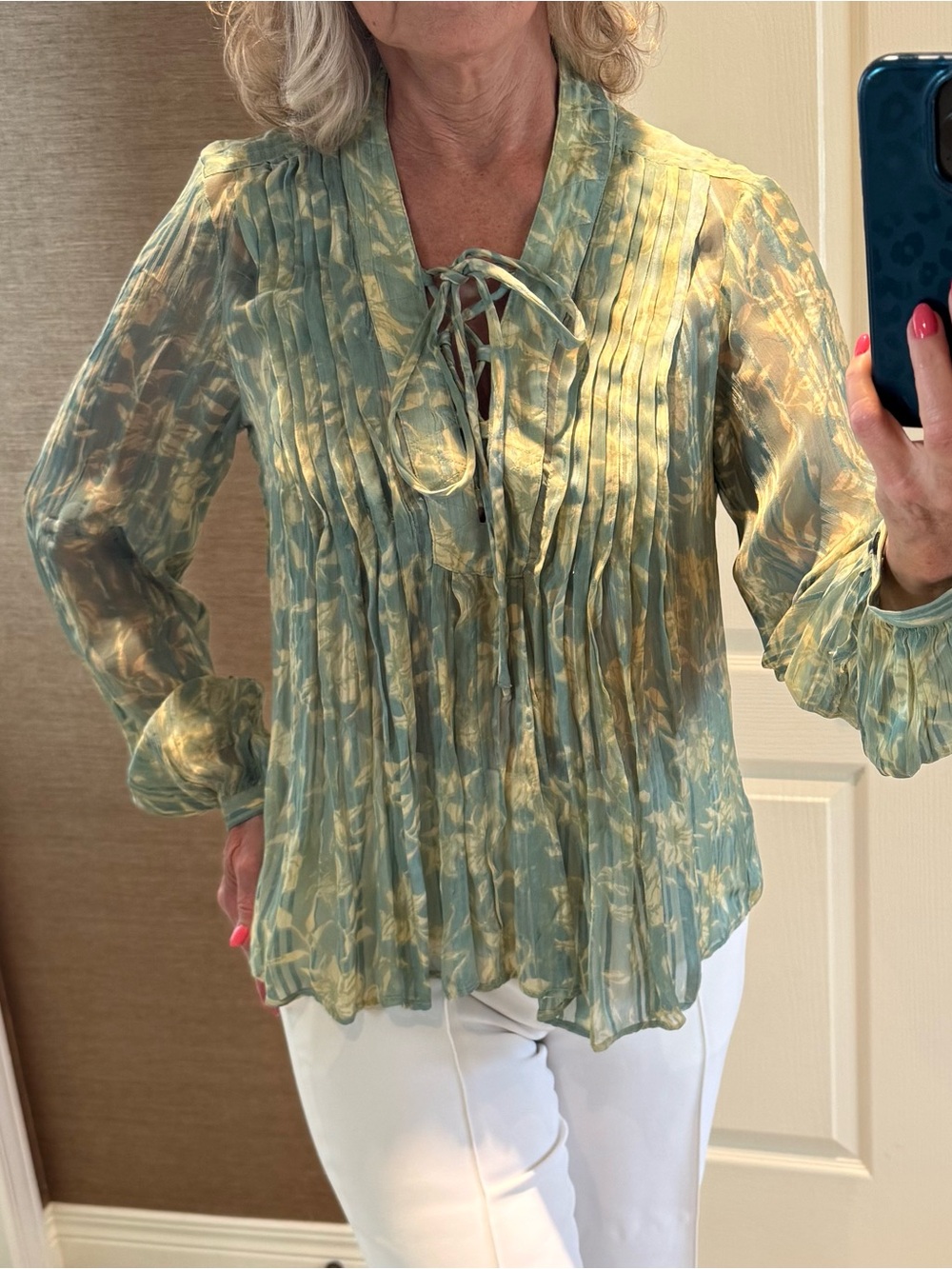 rag & bone Teal and Cream Tie-Neck Pleated Blouse